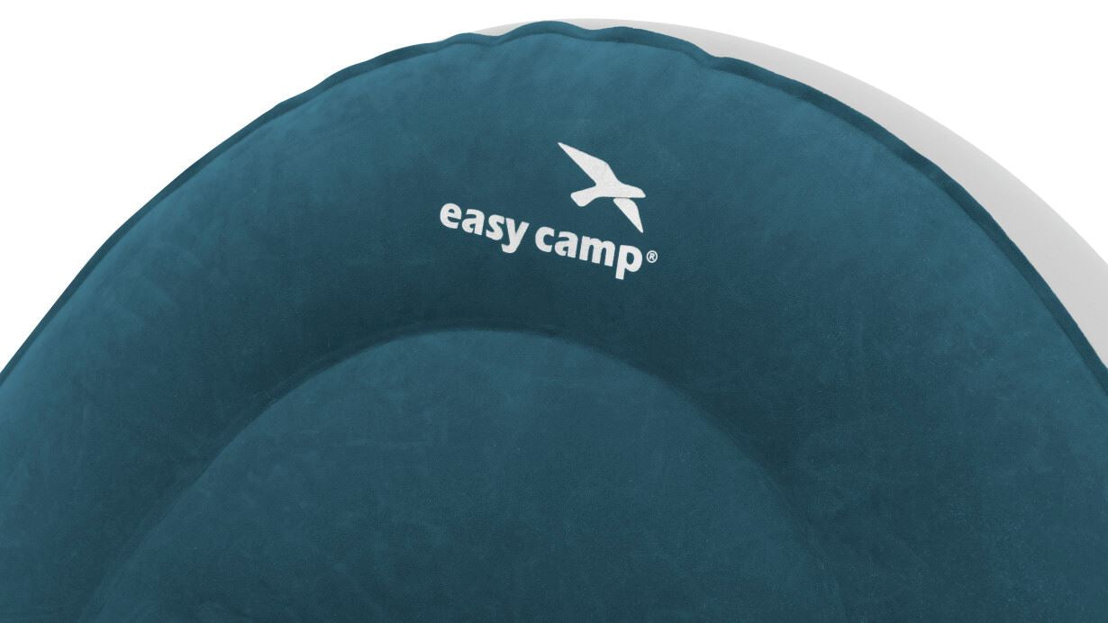 Easy Camp Comfy Lounge Set - Flocked Inflatable Camping Chair and footstool pouf Set feature image of close up of logo on blue fabric at top
