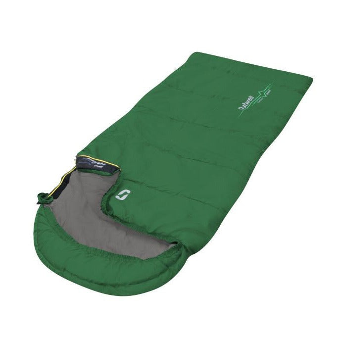 Outwell Campion Junior Sleeping Bag - Green feature image sleeping gab with zip slightly undone