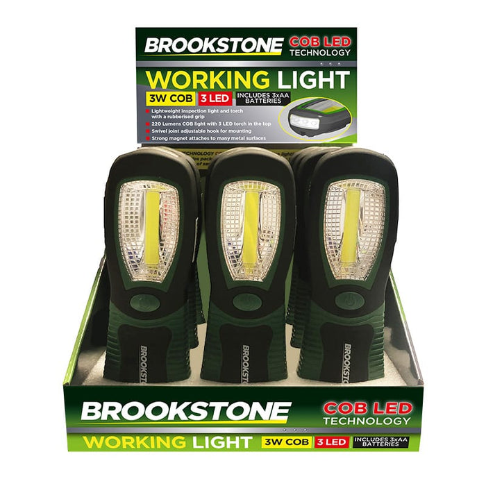 Brookstone COB LED Magnetic Work Light with Torch – main product image of  flashlights in a green and black retail display box, with the product packaging visible behind and below the lights. Please note: this listing is for one flashlight only