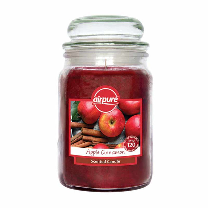 Airpure Apple Cinnamon 18oz Scented Jar Candle - main product image, showing glass jar candle with deep red candle wax, with picture label depicting apples and sticks of cinnamon with 'Airpure' and 'Apple Cinnamon Scented Candle' printed on