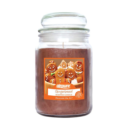 Airpure Gingerbread 18oz Scented Jar Candle - main product image, showing a glass jar candle with bronze orange wax and a picture label showing gingerbread figures with 'Airpure gingerbread scented candle' text printed on