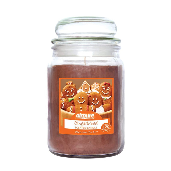Airpure Gingerbread 18oz Scented Jar Candle - main product image, showing a glass jar candle with bronze orange wax and a picture label showing gingerbread figures with 'Airpure gingerbread scented candle' text printed on