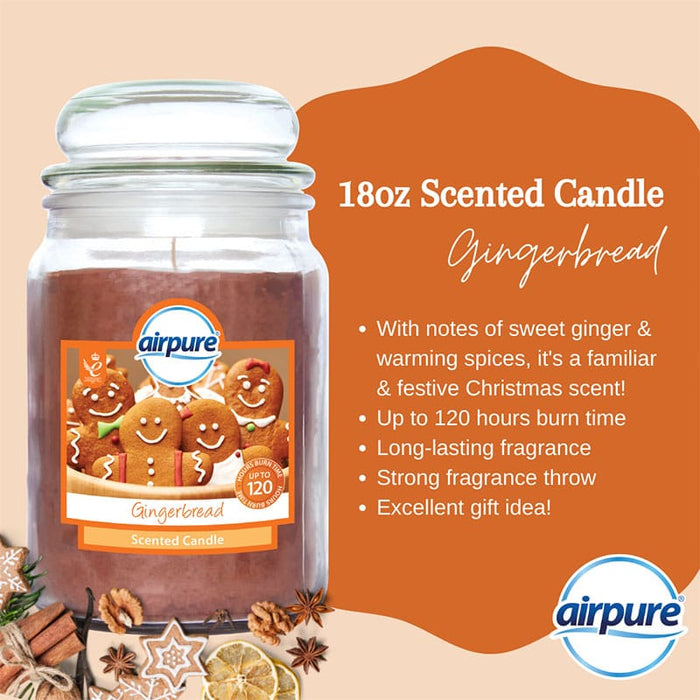 Airpure Gingerbread 18oz Scented Jar Candle - product infographic, with image of glass jar candle with bronze orange wax, with information listed on right-hand side regarding sweet ginger and warming spice scent, 120 hour burn time, long lasting fragrance, strong fragrance throw, and excellent gift idea