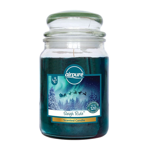 Airpure Sleigh Ride 18oz Scented Jar Candle - main product image, showing a large glass jar candle with a green lid and a winter-themed label reading 'Airpure' and 'Sleigh Ride'. The candle wax is a deep teal-blue color, and the label depicts Santa Claus in a snowy night sky.