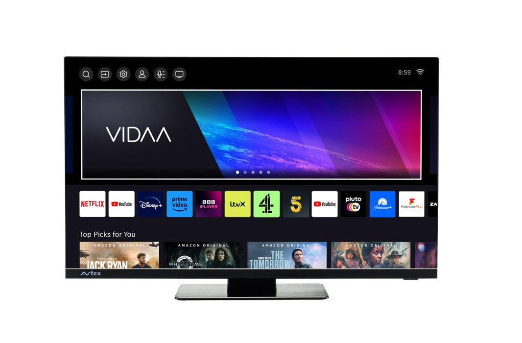 Avtex 21.5" AV215TS-U Smart TV 12/24V DC240V: Full HD, Built-In FreeSat, Wi-Fi & Bluetooth feature image with vidaa and apps on screen 