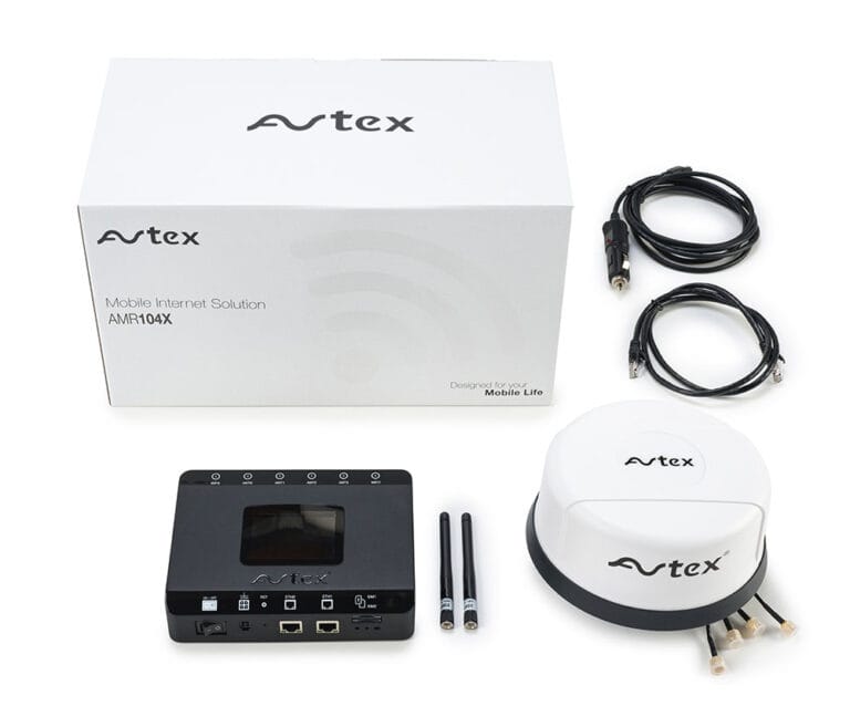 Avtex AMR104X 4G Dual SIM Mobile WiFi Router & Antenna - main product image, showing full display of contents