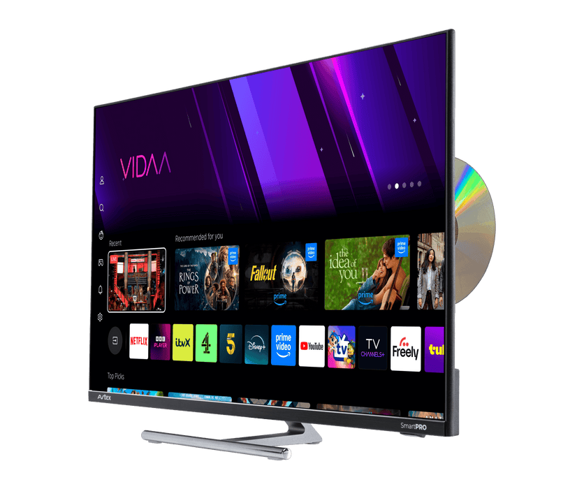 Avtex AV24DS SmartPRO 23.8” Smart TV + DVD - product image, showing front-right side view of television with stand, with DVD showing from side slot