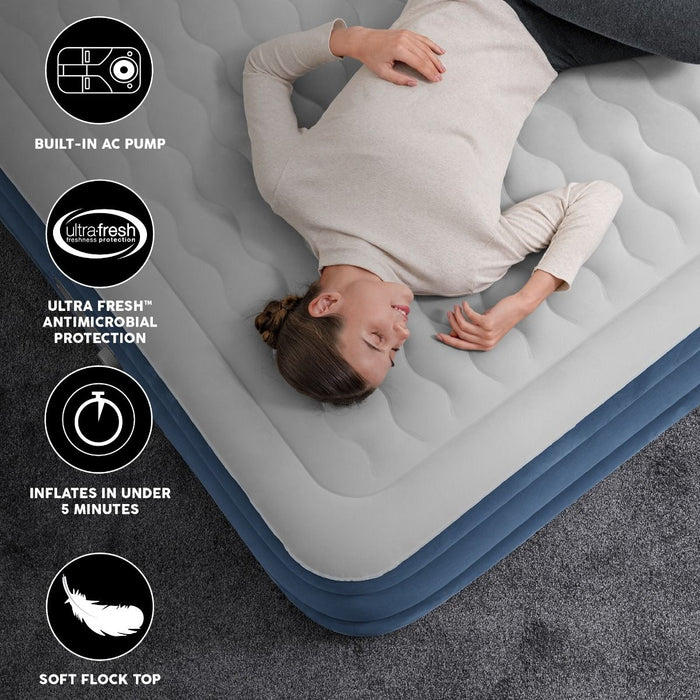 Bestway Queen Size Alwayzaire Airbed 80" x 60" x 18" infographic of airbed with woman lying on it