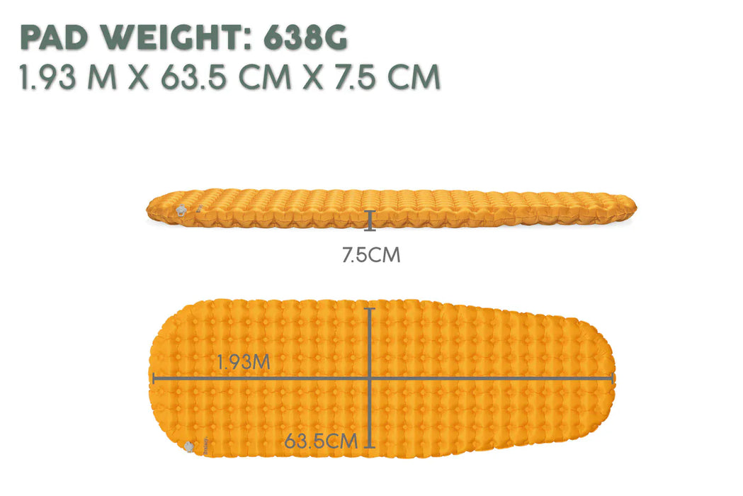 Bestway RidgeLite Large Insulated Mummy Sleeping Pad Orange inflatable sleeping pad with dimensions and weight information on a white background