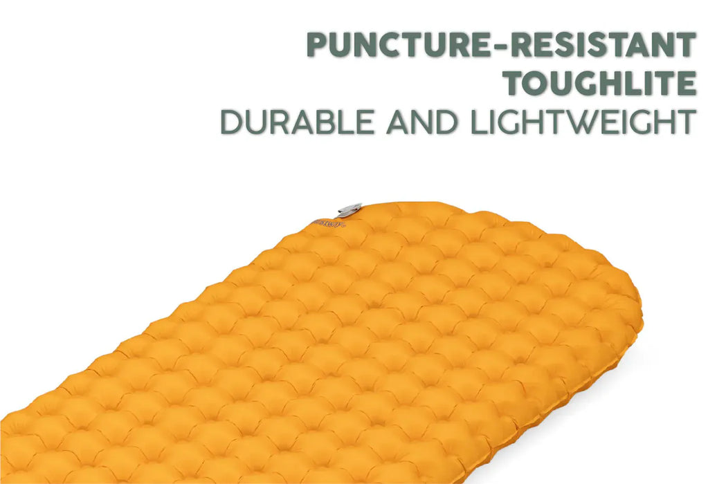 Bestway RidgeLite Large Insulated Mummy Sleeping Pad Yellow inflatable sleeping pad with text highlighting features on a white background