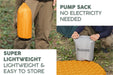 Bestway RidgeLite Large Insulated Mummy Sleeping Pad Orange pump sack with text highlighting features and a person using it outdoors.