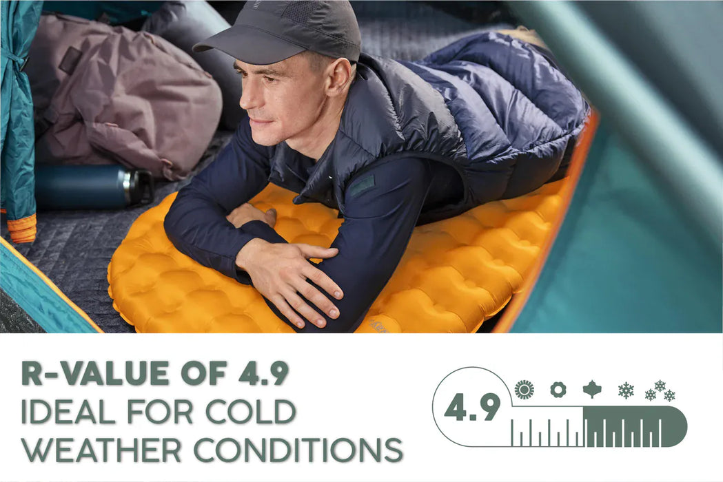 Bestway RidgeLite Large Insulated Mummy Sleeping Pad Person lying on an orange sleeping pad with cold weather gear, R-value displayed.