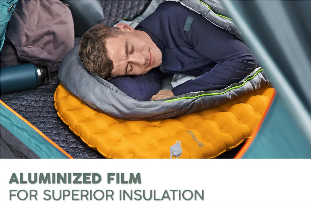 Bestway RidgeLite Large Insulated Mummy Sleeping Pad Person sleeping in a camping sleeping bag with an inflatable mattress, emphasizing aluminized film insulation.