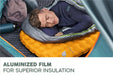 Bestway RidgeLite Large Insulated Mummy Sleeping Pad Person sleeping in a camping sleeping bag with an inflatable mattress, emphasizing aluminized film insulation.