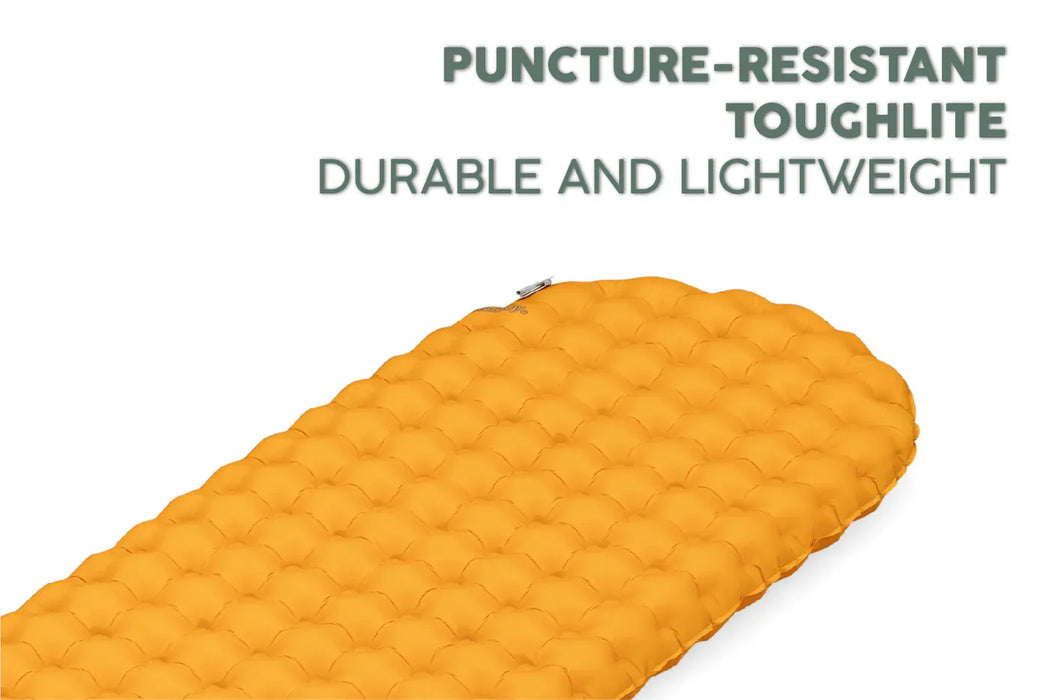 Bestway RidgeLite Insulated Regular Mummy Sleeping Pad  Yellow inflatable sleeping pad with text on a white background