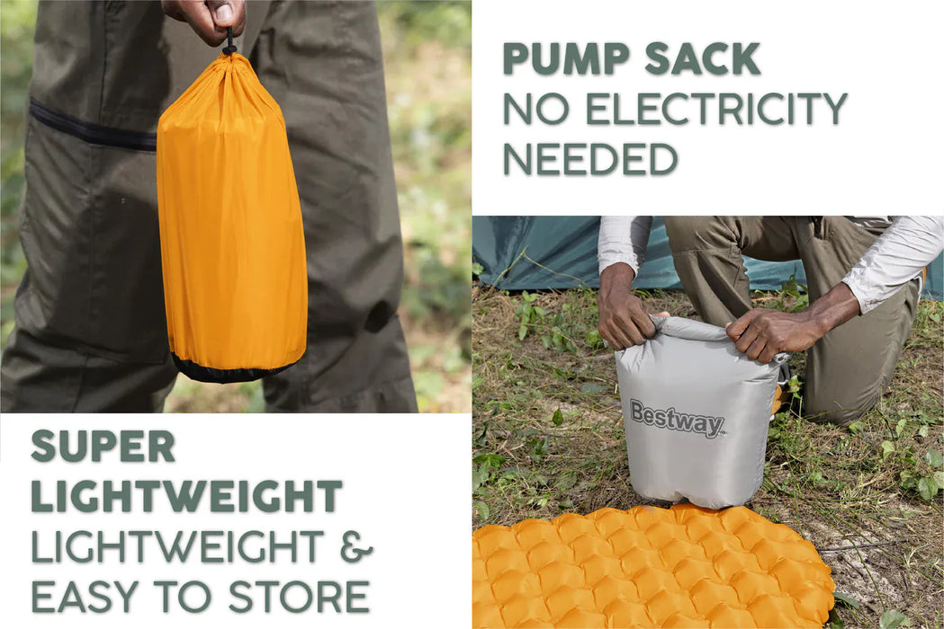 Bestway RidgeLite Insulated Regular Mummy Sleeping Pad  Two images showing pump sacks for camping with text highlighting features like 'no electricity needed' and 'super lightweight'.