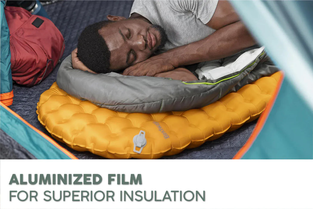 Bestway RidgeLite Insulated Regular Mummy Sleeping Pad Person sleeping on a camping mattress with 'Aluminized Film for Superior Insulation' text.