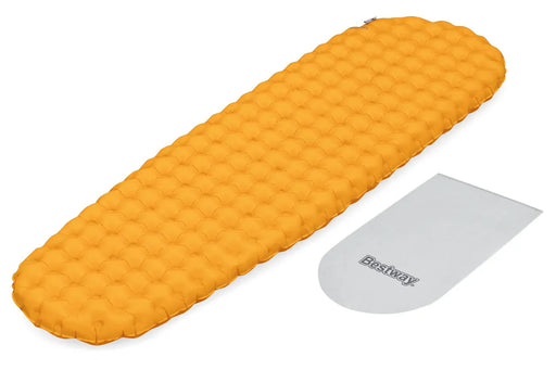 Yellow Bestway_RidgeLite_Insulated_Regular_Mummy_Sleeping_Pad_-_inflatable mattress with a white label on a white background also showing pump bag