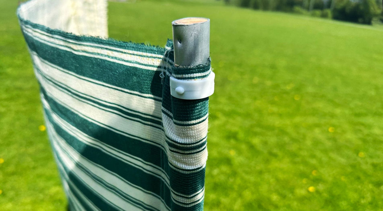Blue Diamond 7-Pole Windbreak - Green Stripe, 5.4m - product image, showing close-up of windbreak pole top with clip