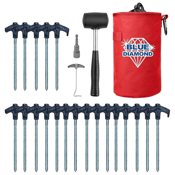 Blue Diamond Screw Peg Pro Kit - product image, of a set of tools including screws, a hammer, and a red tool bag with Blue Diamond logo on a white background
