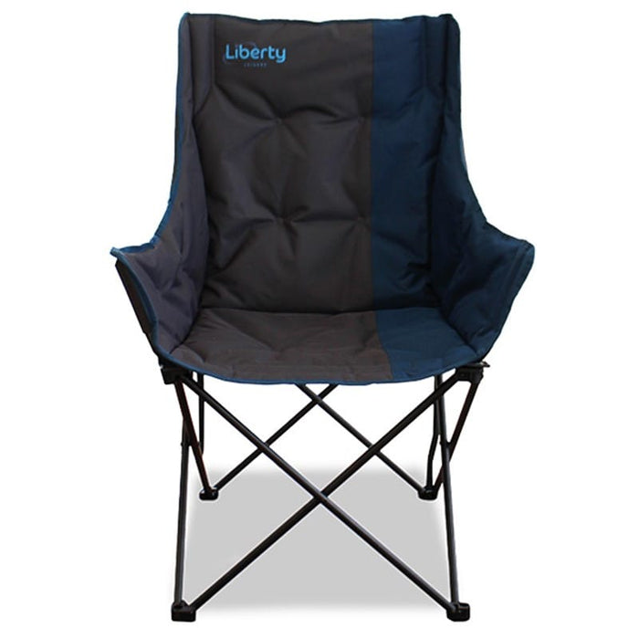 Liberty Leisure Comfort Padded Folding Camping Chair - Various Colours - product image of a folding camp chair with a black and navy blue fabric seat and backrest, featuring the 'Liberty' brand logo on the upper backrest, set against a plain white background.
