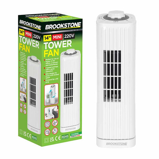 FANTOWM Brookstone 14-inch mini tower fan shown next to its green retail packaging box on a plain white background.