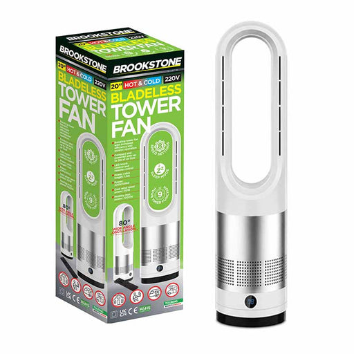 FANBLADE Brookstone Bladeless Tower Fan with Remote Control shown next to its green retail packaging box on a plain white background.