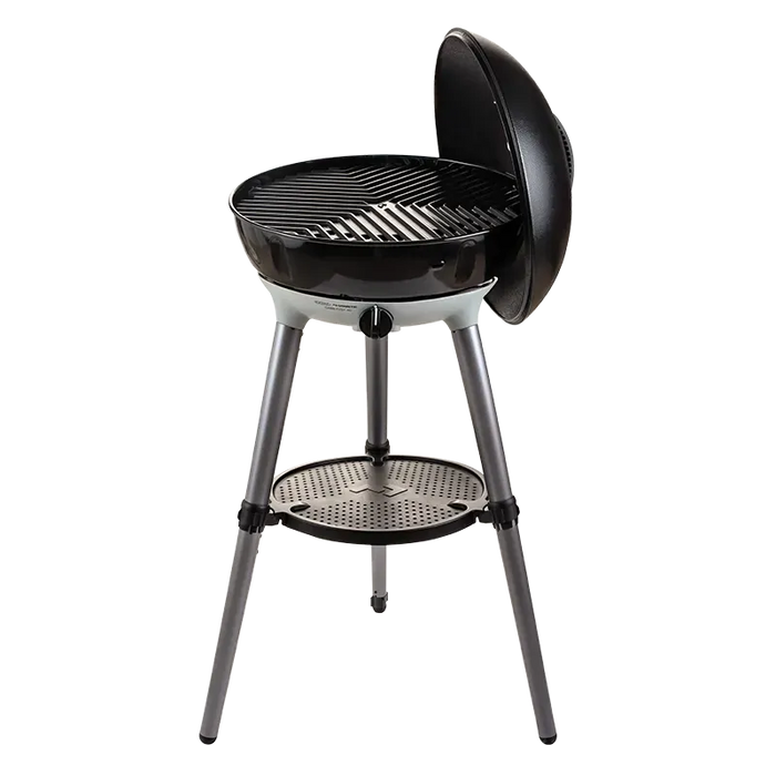 Cadac Carri Chef 40 QR BBQ, Paella Pan & Grill Combo - product image, showing BBQ from front view, with grill plate installed, and dome lid in use as windshield
