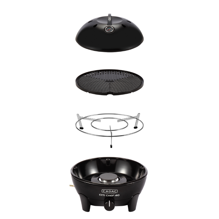 Cadac Citi Chef 40 Black - Urban & Camping Gas BBQ feature image showing all components 