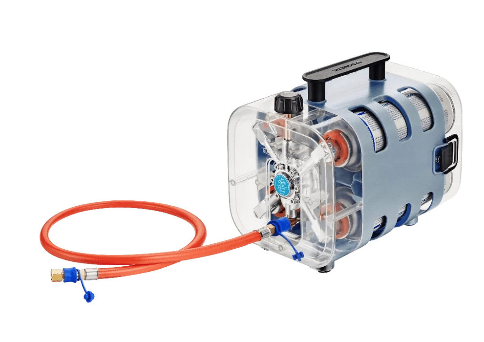 Clear pump with red hose on a white background