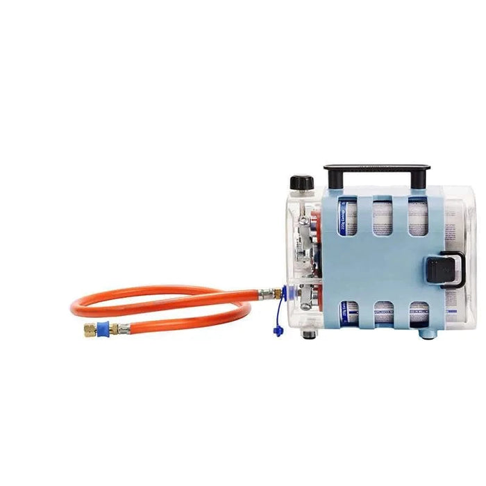 Clear container with hoses and connectors on a white background