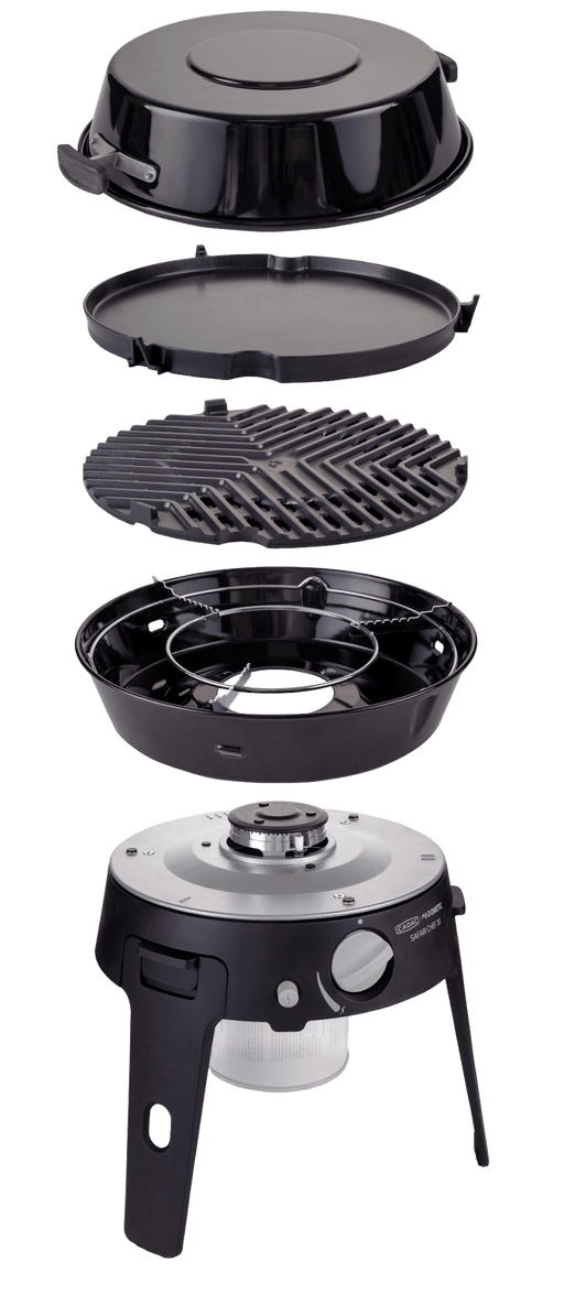 Black portable grill with detachable parts on a white background