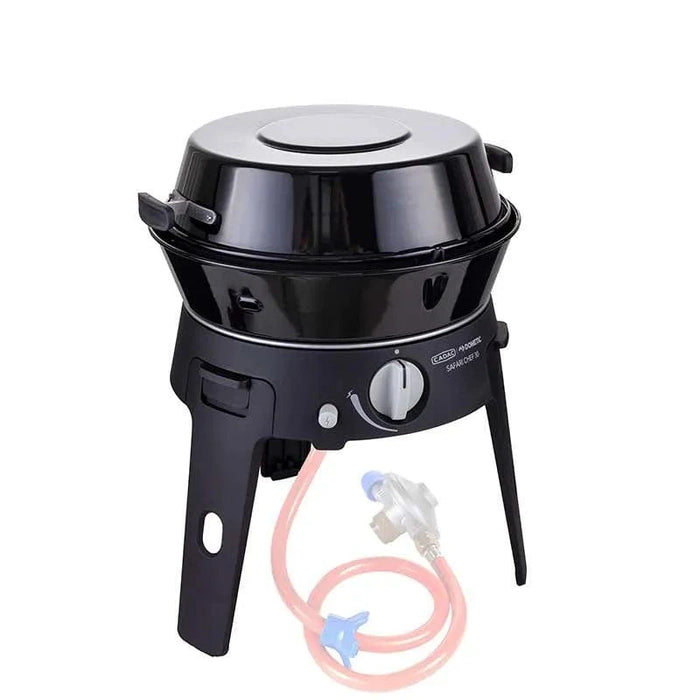 Cadac Safari Chef 30 LP Deluxe QR - LPG Camping BBQ - product image, showing components including dome lid and gas connection demonstration
