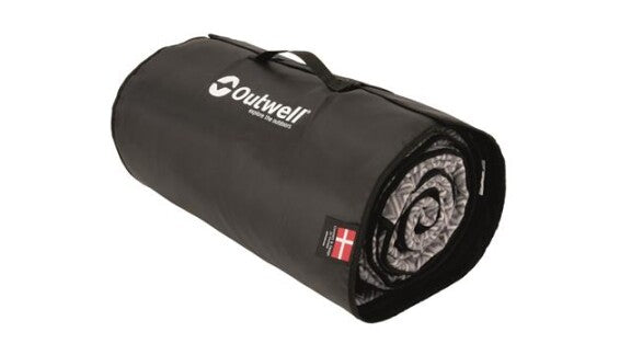 Outwell Flat Woven Jacksondale 7PA Tent Carpet 305 x 440 cm feature image of carpet rolled up in carry case with handle at top and outwell logo on side