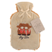 Country Club Hug Me Highland Cows 2L Sherpa Fleece Hot Water Bottle - main product image, showing a beige hot water bottle cover with a drawstring closure and fringed edges, featuring an embroidered design of two Highland cows in red plaid with the words 'Hug Me' below. A paper hangtag is attached on the right side.