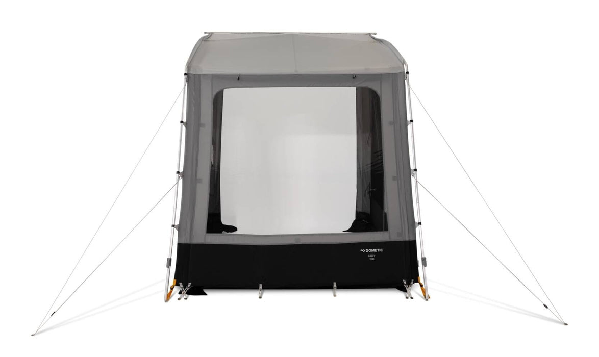 Dometic Rally 200 Poled Caravan Awning - 2026 Model - product image, showing front-on view of awning against white background, with front window curtain open, showing view of inside