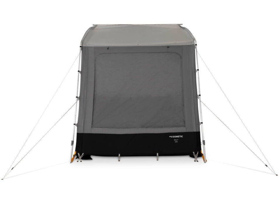 Dometic Rally 200 Poled Caravan Awning - 2026 Model - product image, showing front-on view of awning against white background, with front window curtain closed