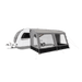 Dometic Rally Poled Caravan Porch Awning - product image, showing front-side view of awning attached to caravan and pitched with guylines, with all windows open