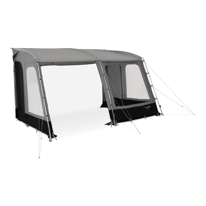 Dometic Rally Poled Caravan Porch Awning - product image, showing front-side view of awning itched with guylines, with windows and front-left panel entrance open