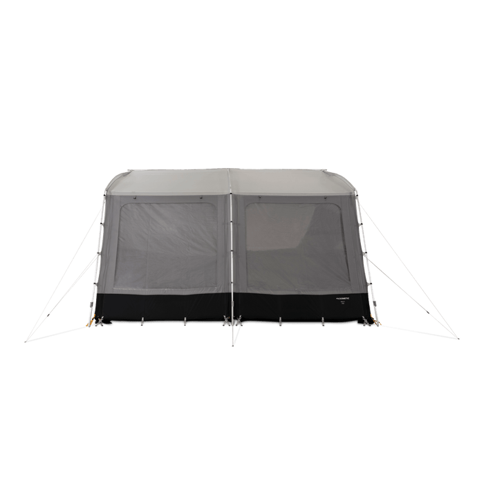 Dometic Rally Poled Caravan Porch Awning - product image, showing front-on view of awning pitched with guylines, with all entrances and windows closed