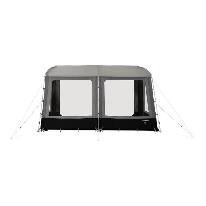 Dometic Rally Poled Caravan Porch Awning - product image, showing front-on view of awning pitched with guylines, with all windows open