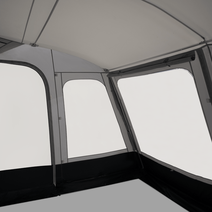 Dometic Rally Poled Caravan Porch Awning - product image, showing internal view of awning with all windows open