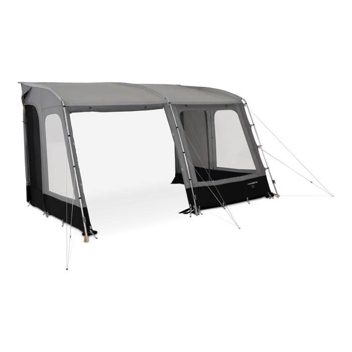 Dometic Rally 390 Poled Caravan Awning - 2026 Model - product image, showing front-side view of awning with all windows open and front-left door open