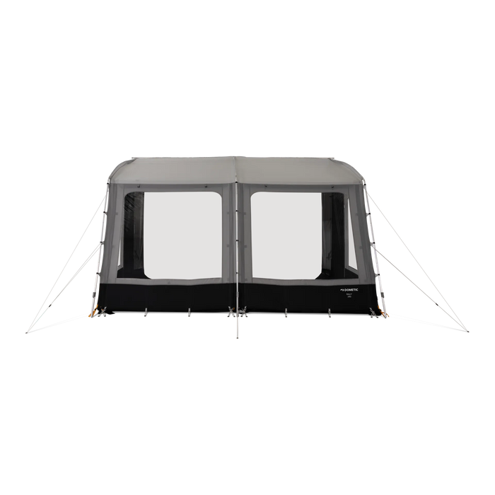 Dometic Rally 390 Poled Caravan Awning - 2026 Model - product image, showing front-on view of awning with all windows open
