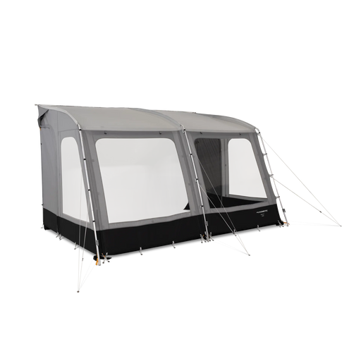 Dometic Rally 390 Poled Caravan Awning - 2026 Model - main product image, showing external view of awning with windows open