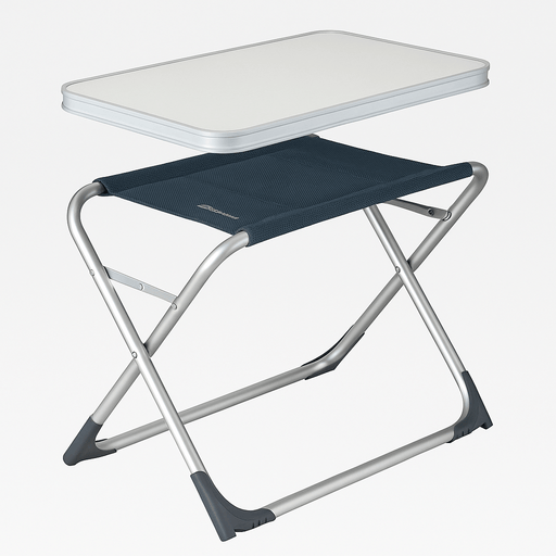 Foldable camping table with white top and blue seat on a white background