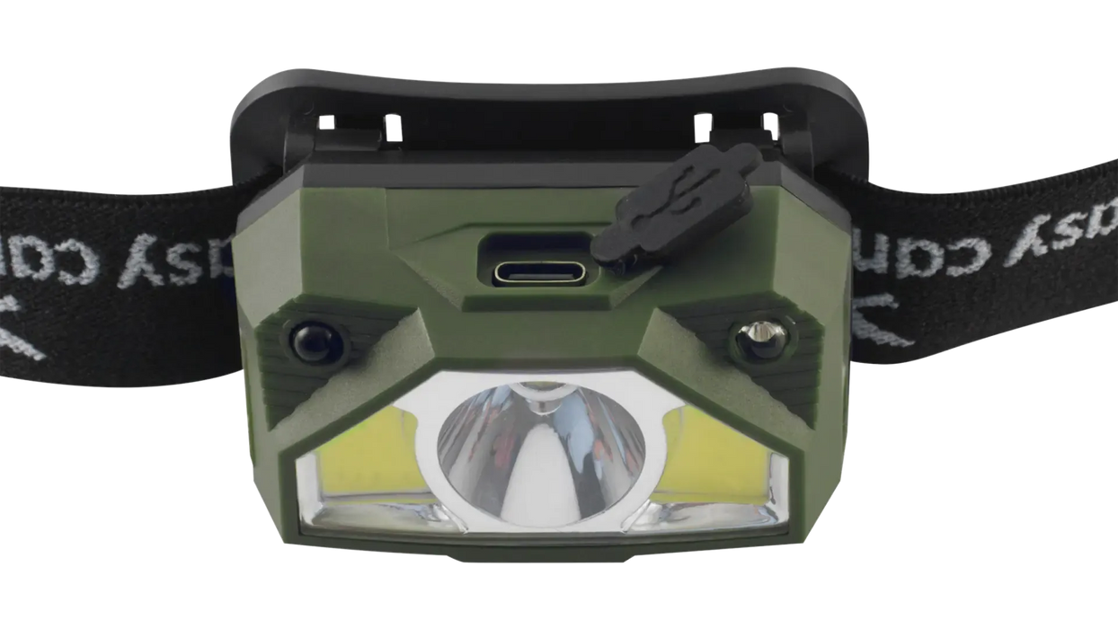 Easy Camp Crowberry Rechargeable Head Torch - product image, showing close-up of torch with USB-C charging port