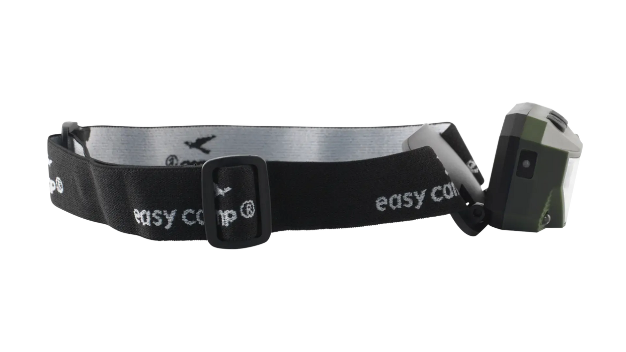 Easy Camp Crowberry Rechargeable Head Torch - product image, showing side view of torch with strap