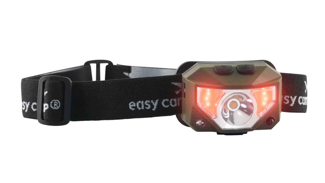 Easy Camp Crowberry Rechargeable Head Torch - product image, showing torch with red light turned on