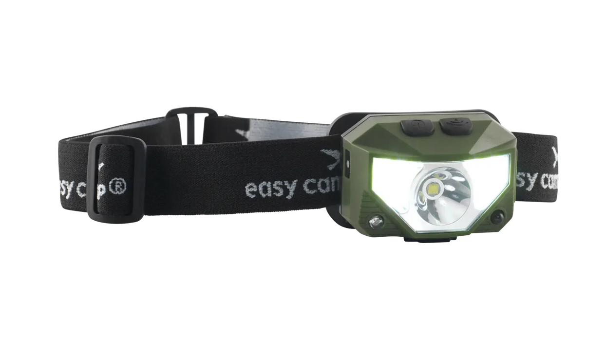 Easy Camp Crowberry Rechargeable Head Torch = product image, showing torch lit up
